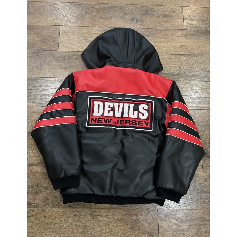 Vintage 90s New Jersey Devils Mighty Mac PVC Leather Jacket W/ Hood Medium Black